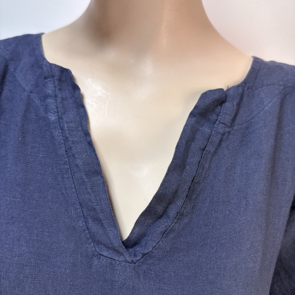 Bellambia Navy Blue Linen Tiered Dress Size L V-Neck 3/4 Roll Sleeve Made Italy - Picture 2 of 7